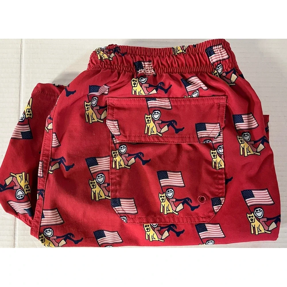 Life is Good Swim Trunks Men's Small Red American Flag Dog All Over Pockets Logo